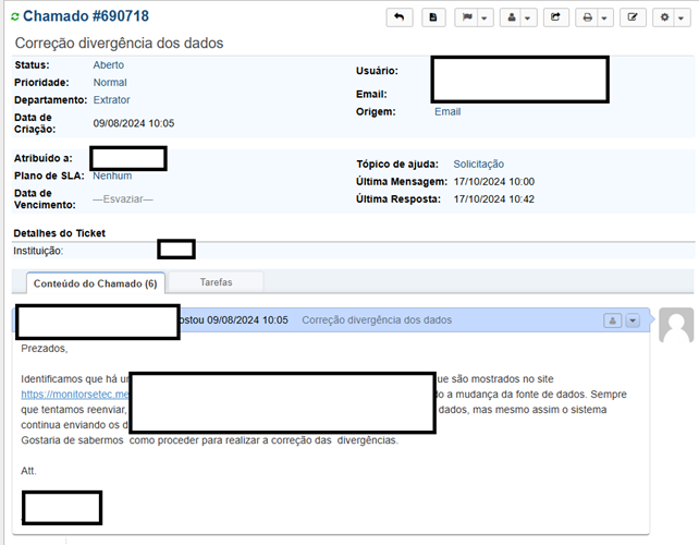 Exemplo de registro de ticket de atendimento
